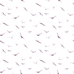 Seamless pattern of flying purple birds on a white background. Watercolor birds.