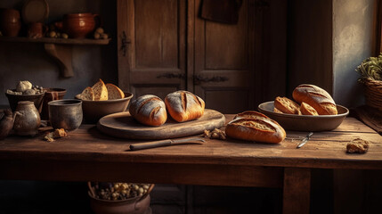Fototapeta na wymiar A rustic wooden table adorned with freshly baked artisan bread and a pat of butter