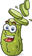 Pickle cartoon character with his head sliced into sandwich style dill pickle slices with a big joyful smile on his face vector illustration - 615113994