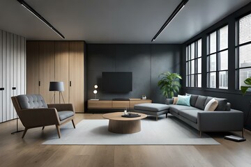 Fototapeta premium 3D mockup of canvas frame with a frame in a modern home, living room, bedroom interior background, showcasing a room in light pastel colors, Created using AI