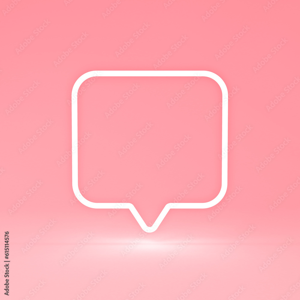 Poster Blank notification speech bubble sign pin or chat bubble neon light bulb isolated on pink pastel color background with shadow minimal conceptual 3D rendering