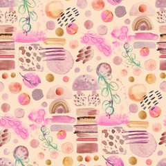 Seamless watercolor pattern with abstract irregular geometry in boho style and irregular circles for textile