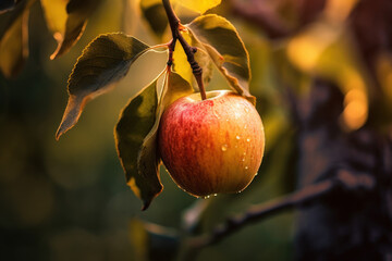Ripe apple on a tree branch in the sun. Golden hour. Generative AI
