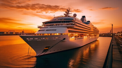 Fototapeta na wymiar Luxury cruise ship leaving port at sunset