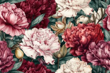 Contemporary floral seamless pattern of carnations. Watercolor elegant flowers abstract background. Generative AI.