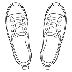 hand drawn sneakers, gym shoes, top view. Image in different views - front, back, top, side, sole and 3d view. Doodle vector illustration.