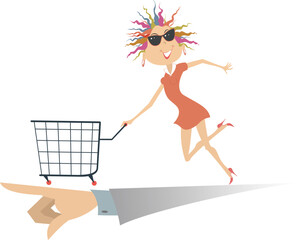 Woman pushing shopping cart. Directing hand. 
Running on directing hand young woman pushing supermarket shopping cart
