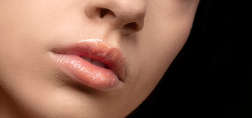 Beauty fashion woman lips with natural beige color makeup. Matt lipstick. Nude colors.