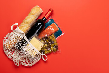 Shopping bag with wine and food