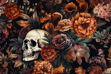 Stunning Halloween floral decoupage pattern with skulls, Generative AI - obrazy, fototapety, plakaty