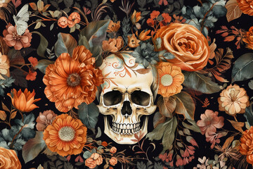 Stunning Halloween floral decoupage pattern with skulls, Generative AI - obrazy, fototapety, plakaty