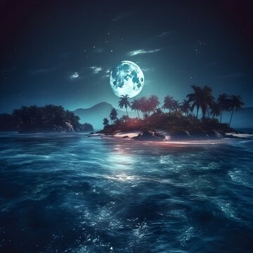 Beautiful beach full moonlight romantic environment. AI Generative 