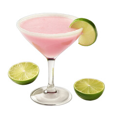  a daiquiri, pink cocktail with lime garnish