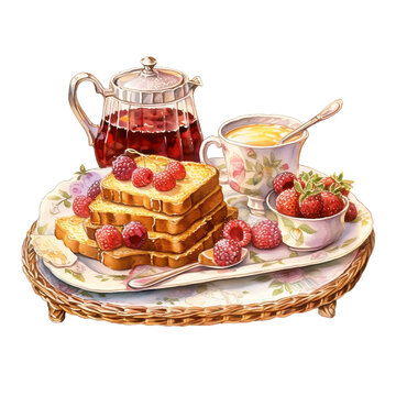 Vintage Victorian Breakfast Tray Watercolor Clipart, Pink Victorian Art, Toast Watercolor, made with generative AI