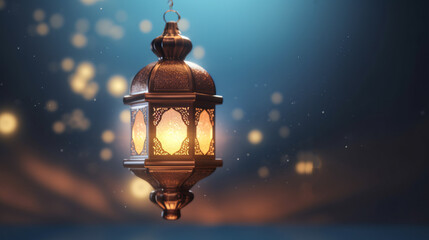 Islamic background with a hang lantern, with copy space for text, design concept of Ramadan Kareem Eid ul Adha Banner Background