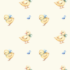 Cute seamless pattern with little yellow duckling, chicken and blue butterfly. Watercolor hand drawn illustrations on beige background. Kids design for cards, invitations, scrapbooking, textile