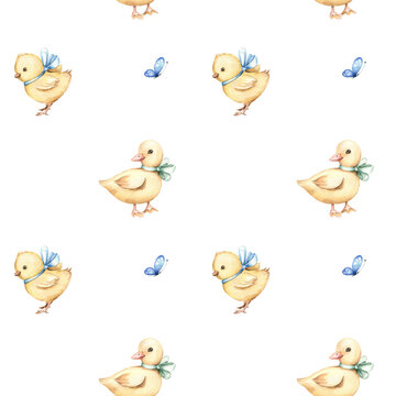 Cute seamless pattern with little yellow duckling, chicken and blue butterfly. Watercolor hand drawn illustrations on white background. Kids design for cards, invitations, , Easter decor