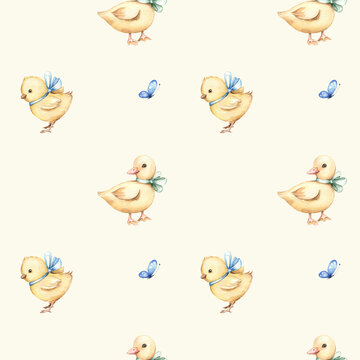 Cute seamless pattern with little yellow duckling, chicken and blue butterfly. Watercolor hand drawn illustrations on beige background. Kids design for cards, invitations, scrapbooking, textile