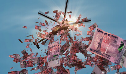 Uganda Shilling UGX banknotes helicopter money dropping 3d illustration