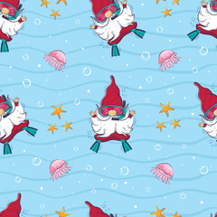 Seamless pattern with cartoon gnome diving underwater among starfish and jellyfish.