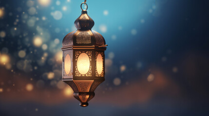 Fototapeta na wymiar Islamic background with a hang lantern, with copy space for text, design concept of Ramadan Kareem Eid ul Adha Banner Background