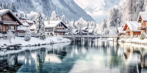 Fototapeta premium Winter Landscape and Village in the European Alps Christmas Advent Wallpaper Background Generative AI Digital Art Kunst Illustration Journal
