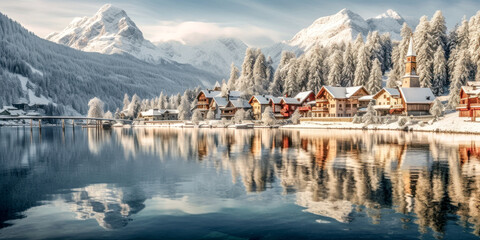 Fototapeta premium Winter Landscape and Village in the European Alps Christmas Advent Wallpaper Background Generative AI Digital Art Kunst Illustration Journal