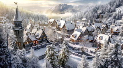 Winter Landscape and Village in the European Alps Christmas Advent Wallpaper Background Generative AI Digital Art Kunst Illustration Journal