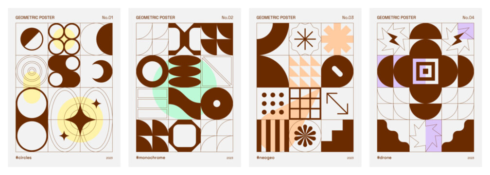 Trendy minimalist, modern, abstract, geometric and vintage poster set with basic and geometric shapes and patterns influenced by Bauhaus, Neo Geo art, Swiss style and Brutalism.