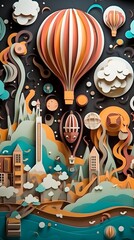 Paper cutting art High-rise cityscape with balloons floating in the sky with clouds. Generative ai.