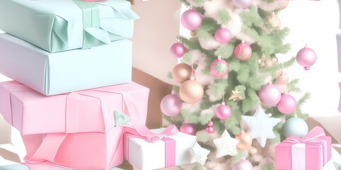 Christmas holiday composition. Decorated Christmas tree and gifts.