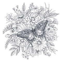 Flower bouquet hand drawn sketch illustration Wild flowers