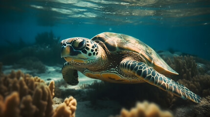 Fototapeta premium Hawksbill Turtle in the sea. Generative AI
