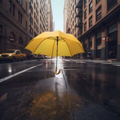 a yellow umbrella floating at mid air in the rainy street. created with generative AI technology