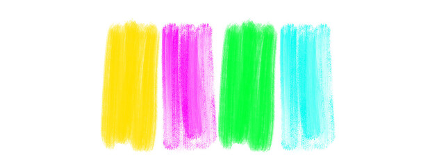 Top view, Set colourful stroke of paint brushes isolated black background for design stock photo, vector multicolor paint, ink brush stroke, texture, illustration, yellow purple green cyan color