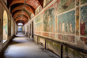 Ancient Roman frescoes and murals adorning the walls of the baths, depicting scenes of knowledge and wisdom Generative AI