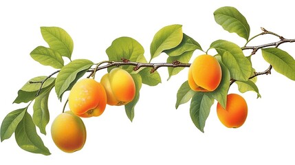Yellow apricots fruit on tree branch with green leaves isolated on white background. Ripe fruits are ready for harvest. Generative AI. Illustration for cover, brochure, advertising or presentation.