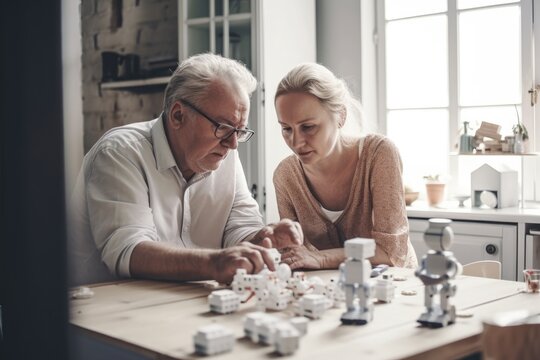 Senior man with woman and robots at home. Generative ai