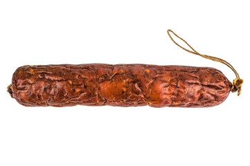 Delicious smoked sausage on white background
