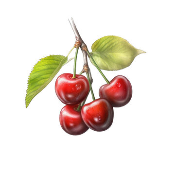  a hand-drawn illustration of red cherries with green leaves