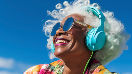 Elderly African American Woman laughing with sunglasses and headphones. Generative AI