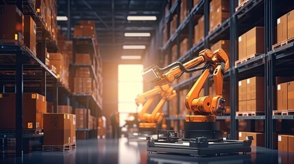 intelligent robotic system for warehouses and factories with digital technology innovation Industrially controlled automated production robots.