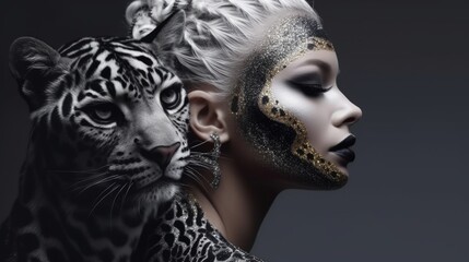 Fashion female glamor portrait next to white leopard, cat. Theatrical art of model make-up with mehendi. Created with AI
