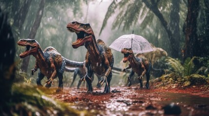A group of dinosaurs walking in the rain. Generative AI image. © starush
