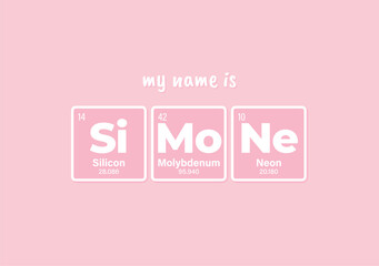 Vector inscription name SIMONE composed of individual elements of the periodic table. Text: My name is. Purple background