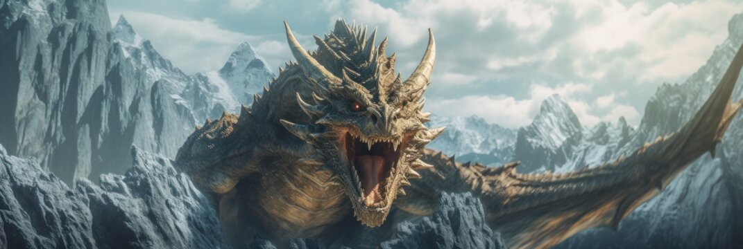 A large dragon with its mouth open in front of a mountain. Generative AI image.