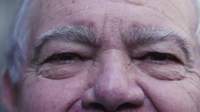 Macro close-up of a senior man eyes with wrinkles showing old age and experience. Senior person with gray hair in 70s