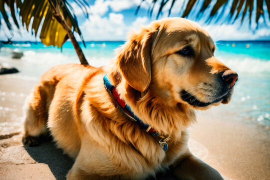 Digital photo of a cute Golden retriever dog lies on the tropical beach on a sunny day. Wildlife imagery, the concept of ecological environment. Generative AI