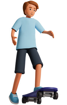 Teenage boy in shorts riding skateboard have fun joy 3d illustration