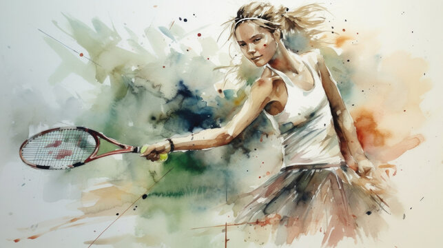 creative illustration of a young athletic female tennis player playing with her tennis racket . Generative AI